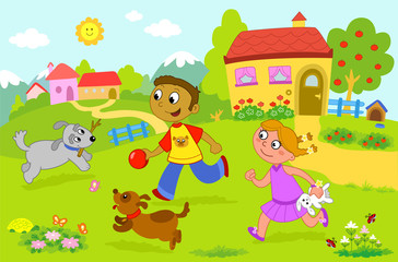 Obraz na płótnie Canvas Dzieci bawiące się z dwoma psami na wsi