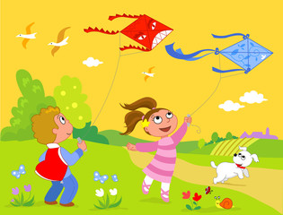 Obraz na płótnie Canvas Dzieci biegające z latawców wektora