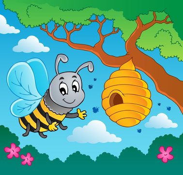 Cartoon bee with hive