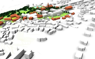 render of a city model in green and white