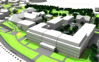 render of a city model in green and white