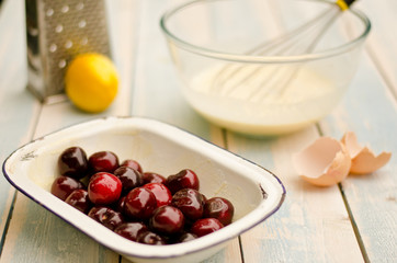 red cherries ready to bake in a clafoutis