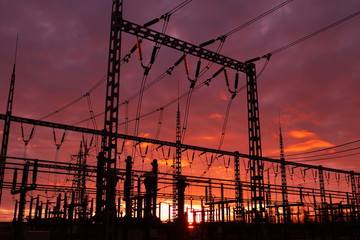 Electrical substation on the sunset background