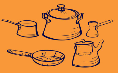 Dishes sketch set including pans coffee and tea kettle