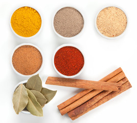  Different spices in white bowls isolated on white background.