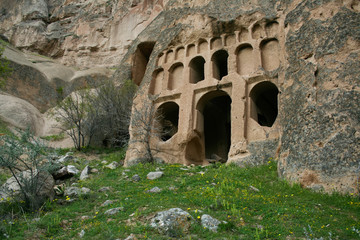 beautiful view of old greek church and caves in Cappadocia