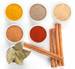  Different spices in white bowls isolated on white background.