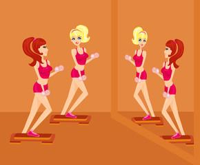 girls exercising with two dumbbell weights