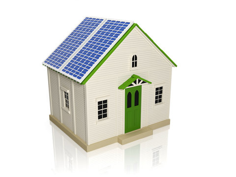 3d illustration: Obtaining energy from solar panels. House with