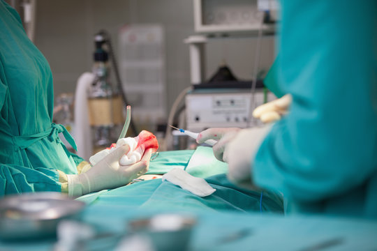 Surgeon doing an operation while holding surgical towel