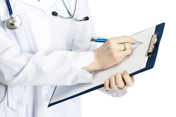 medical doctor with clipboard, isolated on white background