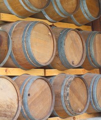 wall of wooden barrels - 42923792
