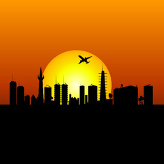 city silhouette with sunshine and plane illustration