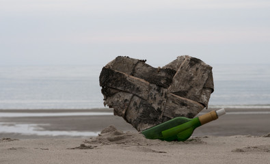 message in a bottle and a lost heart on the beach