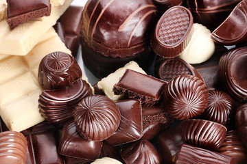 Many different chocolate candy closeup