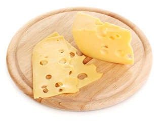 Cheese on cutting board isolated on white