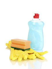 Dishwashing liquid with gloves and sponge isolated on white