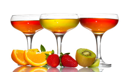 fruit jelly in glasses and fruits isolated on white