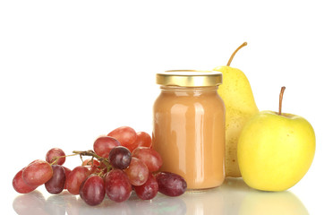 Jar with fruit baby food and fruits isolated on white