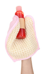 Sponges for bathing on hand with scrub isolated on white