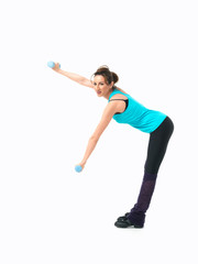 young woman showing fitness routine, white background