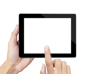 hands are pointing on touch screen ,touch- table