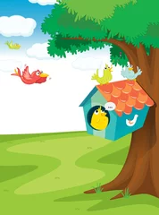 Gordijnen vogelhuisje op boom © GraphicsRF