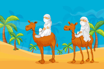 Men riding camels in desert