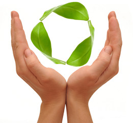 Recycling symbol made from hands isolated on white background .