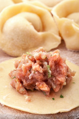 Homemade meat dumplings on a cutting board