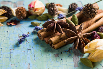 Herb and spices border on the vintage wooden surface