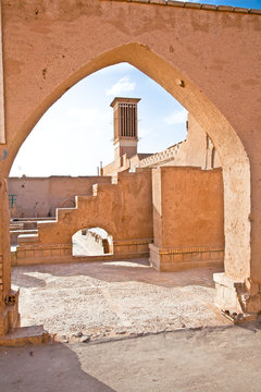 Street of of Yazd city . Alley made with hand made mud-brick.  I