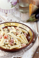 Eggplant, pancetta and parmesan cheese pasta