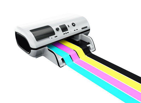 Ink-jet printer with printed CMYK lines isolated on white 3d mod