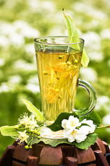 cup of linden tea and flowers