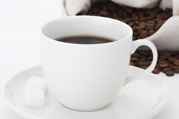 Coffee with sugar and beans from bag