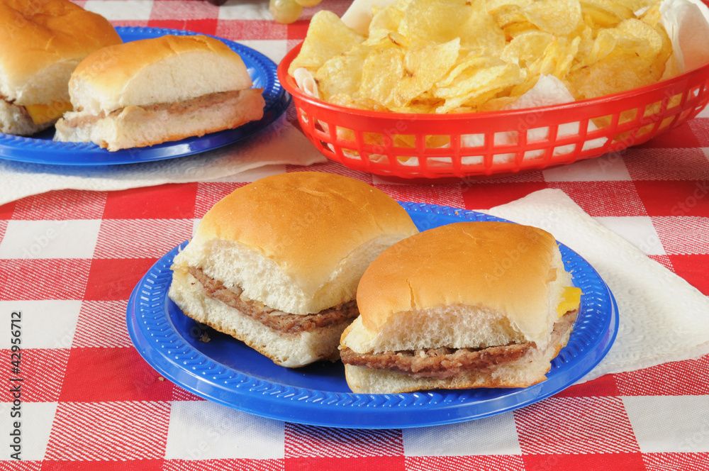 Canvas Prints Mini cheeseburgers on a picnic table