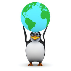3d Penguin in glasses holds a globe on his head