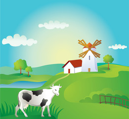 Rural background with windmill and cow