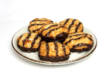 Plate of chocolate and coconut Macaroon biscuits