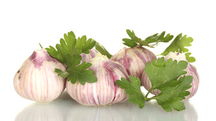 young garlic with parsley isolated on white background