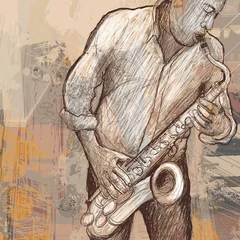 Foto op Plexiglas Muziekband saxofonist saxofoon spelen op grunge achtergrond