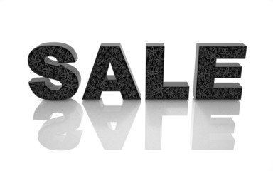 The word sale is made with black forms with abstract flowers.