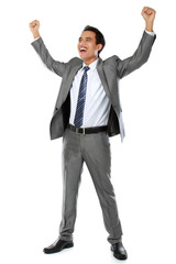 business man with arms raised