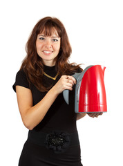 Woman with electric tea kettle