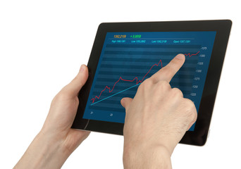Hands holding digital tablet with stock Quotes