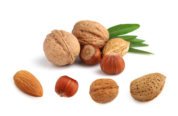 Collage of nuts jn a white background