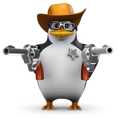 Fototapete Wilder Westen 3D-Pinguin in Brille als Sheriff verkleidet