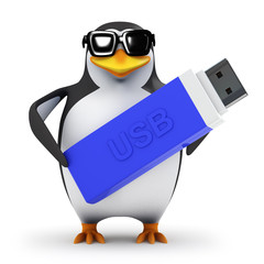 3d Penguin in sunglasses with USB device