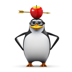 3d Penguin in glasses with apple on head